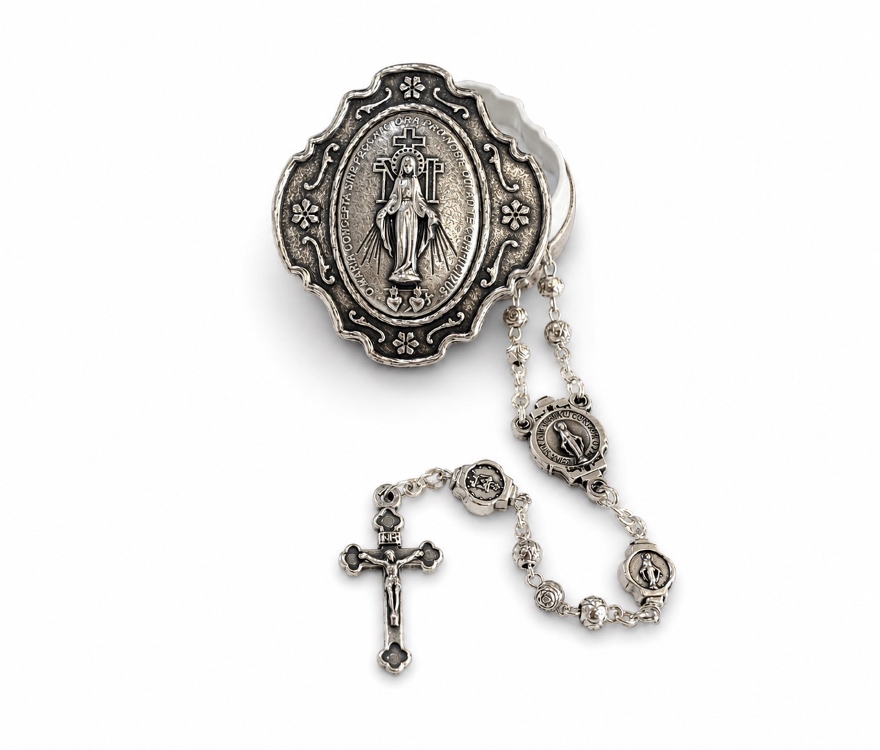 Silver Rosebud Rosary w/ Keepsake Case